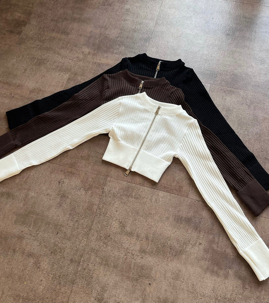 ‘DOUBLE IT’ ribbed cropped zip up (3 colors)