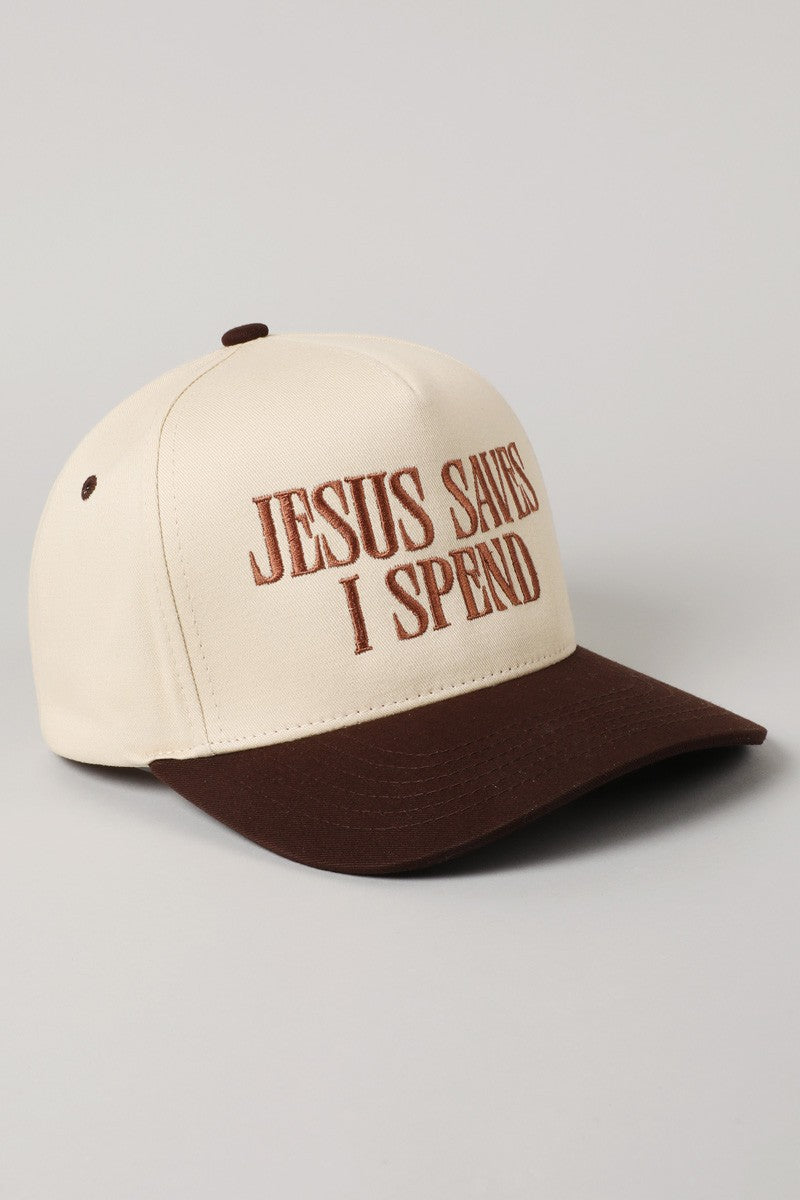 ‘JESUS SAVES, I SPEND’ embroidered hat