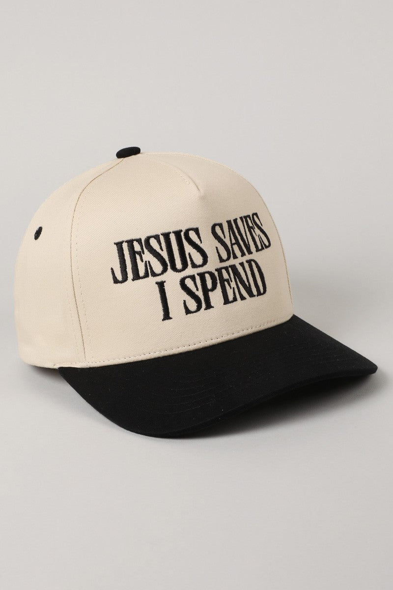 ‘JESUS SAVES, I SPEND’ embroidered hat